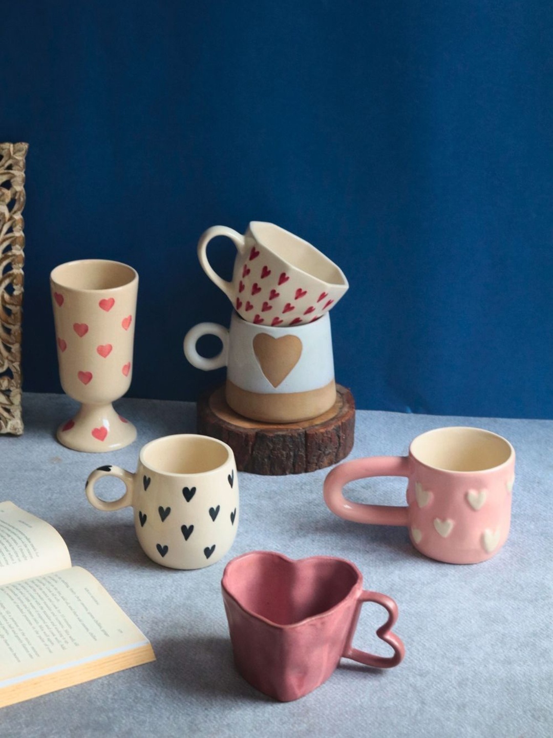 

WEAVING HOMES Pink & Beige 6 Pieces Printed Ceramic Dishwasher Safe Glossy Cups 250ml