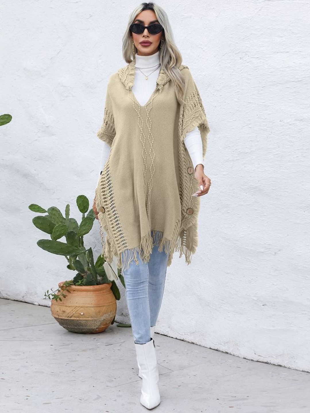 

LULU & SKY Women Self Design Free Size Knitted Poncho, Khaki