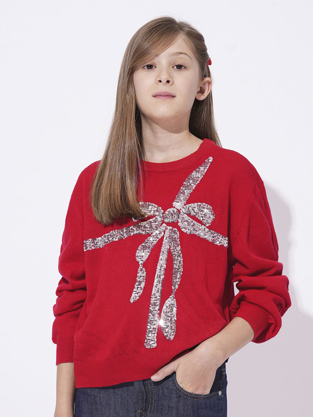 

Vero Moda Girls Embroidered Round Neck Long Sleeves Pullover Sweaters, Red