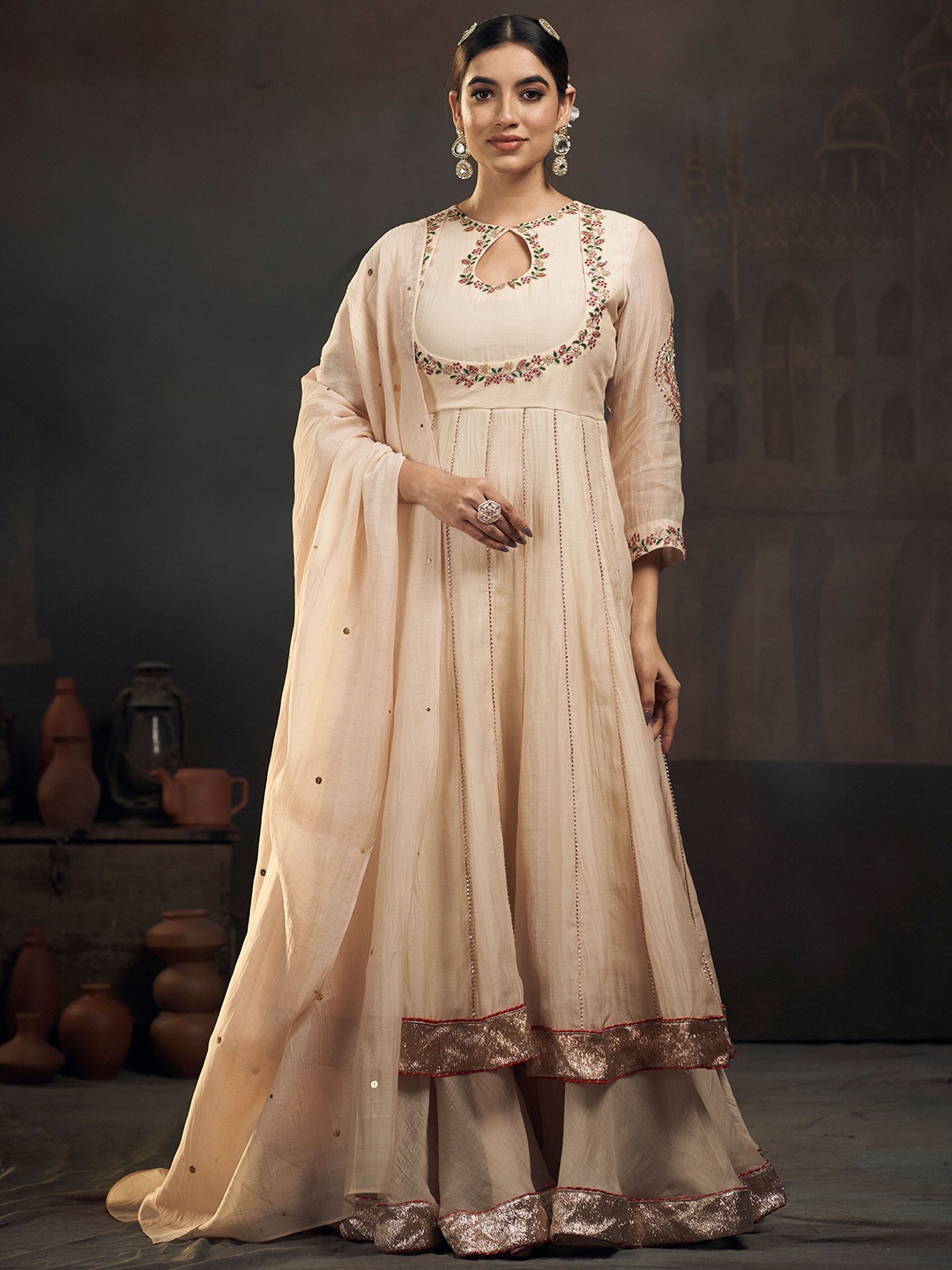 

HIRIKA&DHRUTI Women Embroidered Chanderi Silk Kurta with Sharara & With Dupatta, Beige