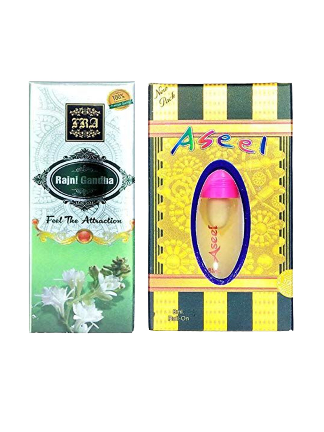 

RAVIOUR LIFESTYLE Feel The Attraction Set Of 2 Aseel & Rajni Gandha Attar - 8 ml Each, Transparent
