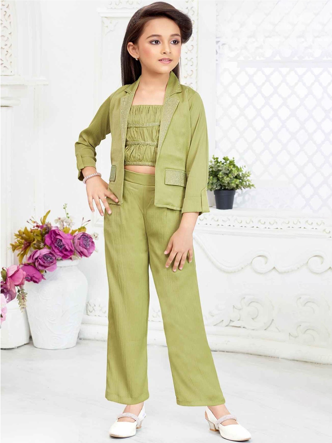 

Lagorii Girls Embellished Square Neck Long Sleeves Top And Trouser With Overcoat, Green
