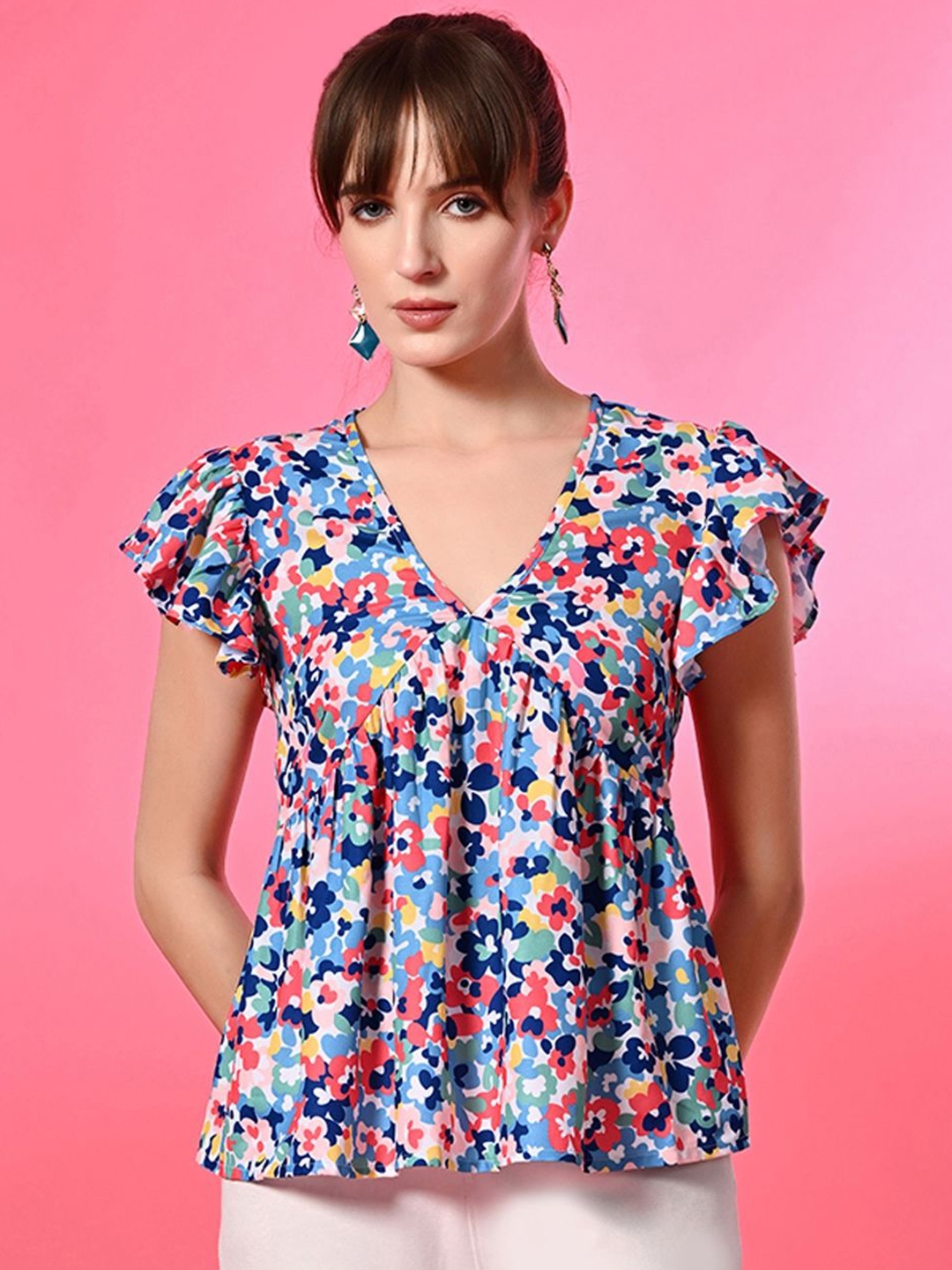 

PRETTY LOVING THING Women Floral Printed V-Neck Flared Sleeves A-Line Top, Blue