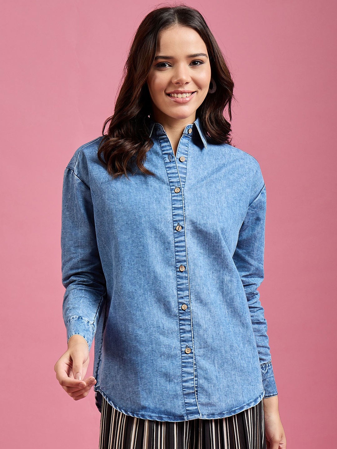 

DressBerry Women Classic Spread Collar Solid Denim Casual Shirt, Blue