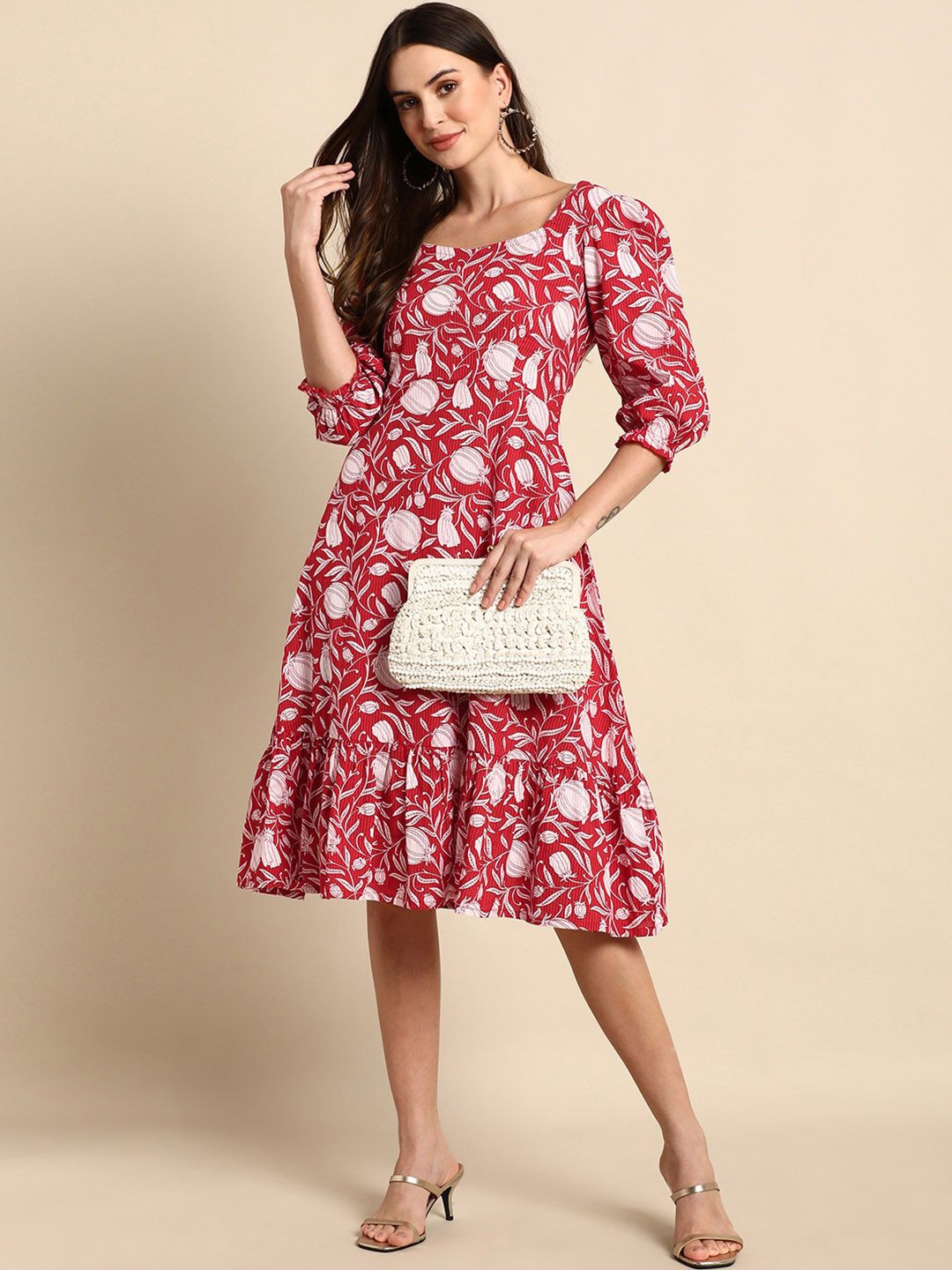 

KALINI Floral Printed Pure Cotton Puff Sleeve Fit and Flare Midi Dress, Red