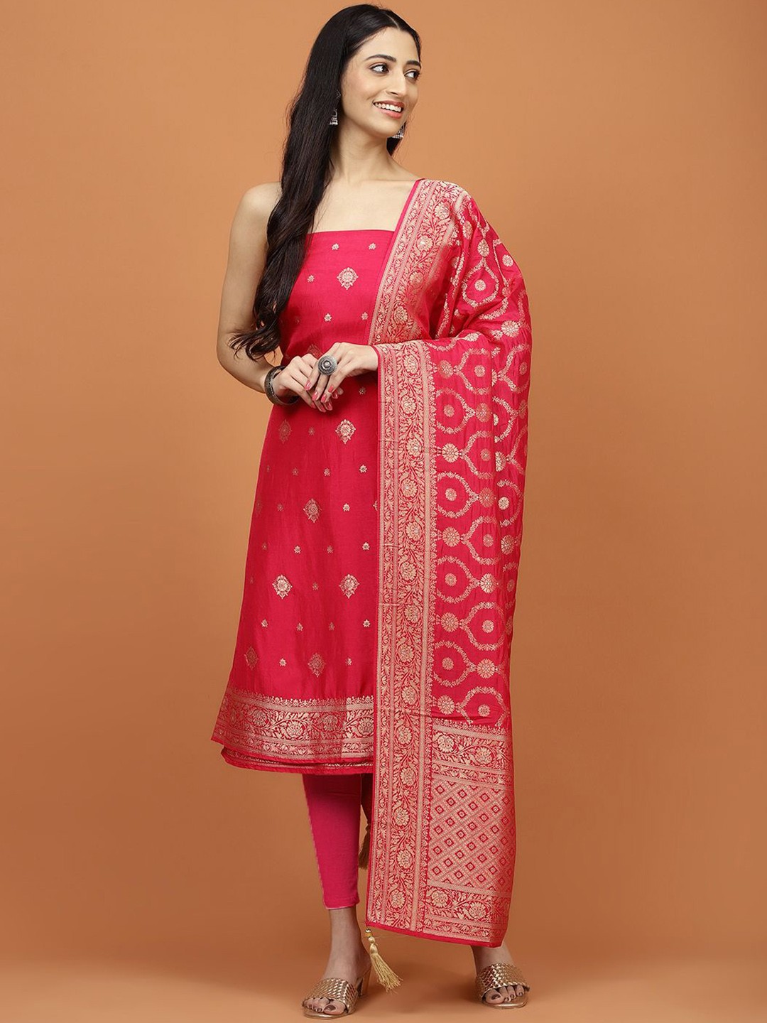 

Meena Bazaar Floral Woven Design Zari Unstitched Dress Material, Pink