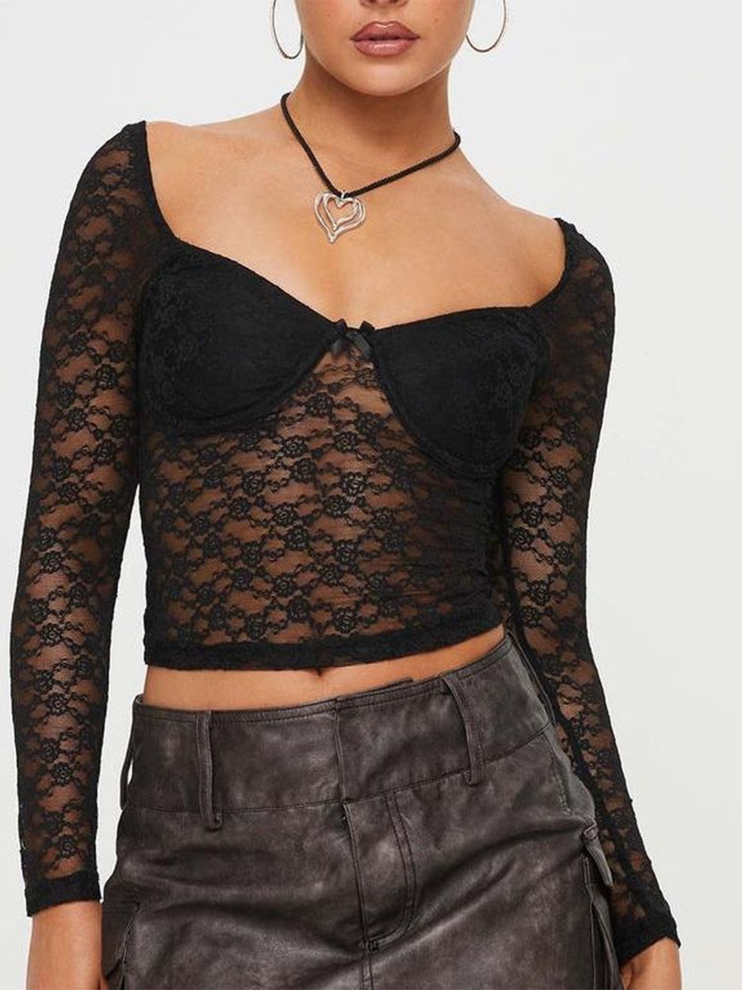 

LULU & SKY Women Sweetheart Neck Sheer Crop Top, Black