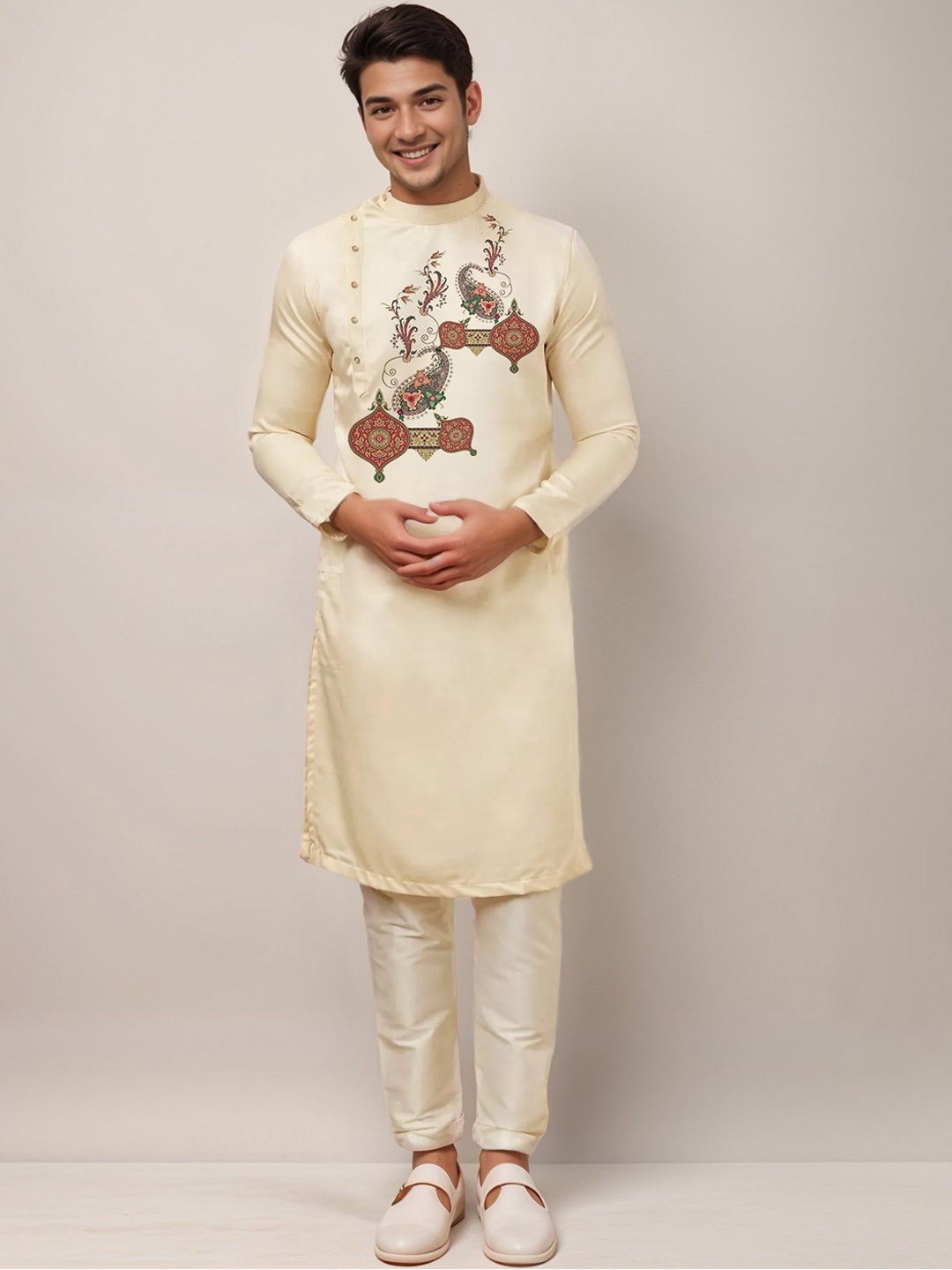 

DEVOILER Band Collar Ethnic Motifs Printed Straight Cotton Kurta, Beige