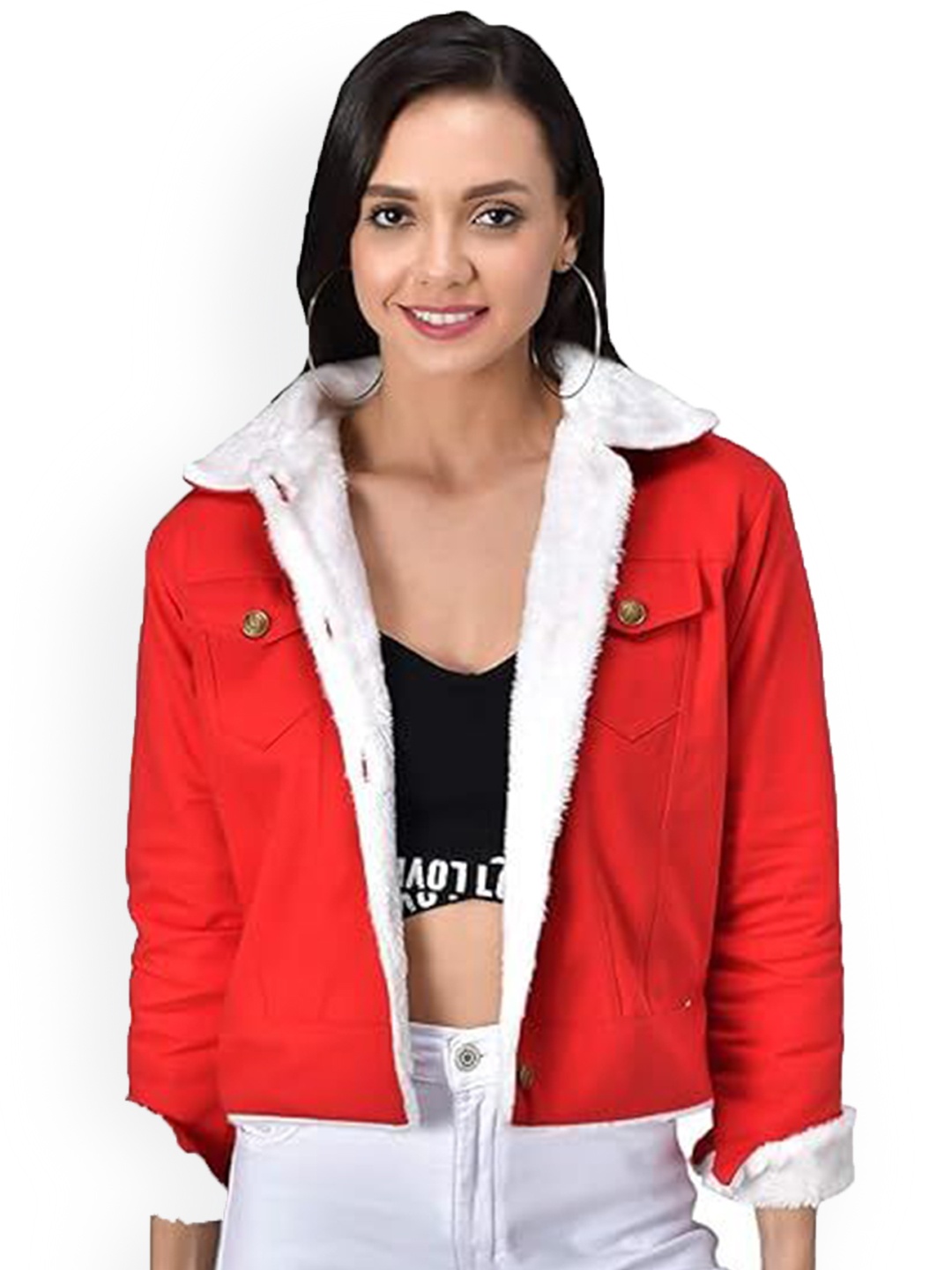 

Funday Fashion Women Spread Collar Solid Cotton Casual Open Front Jacket, Red
