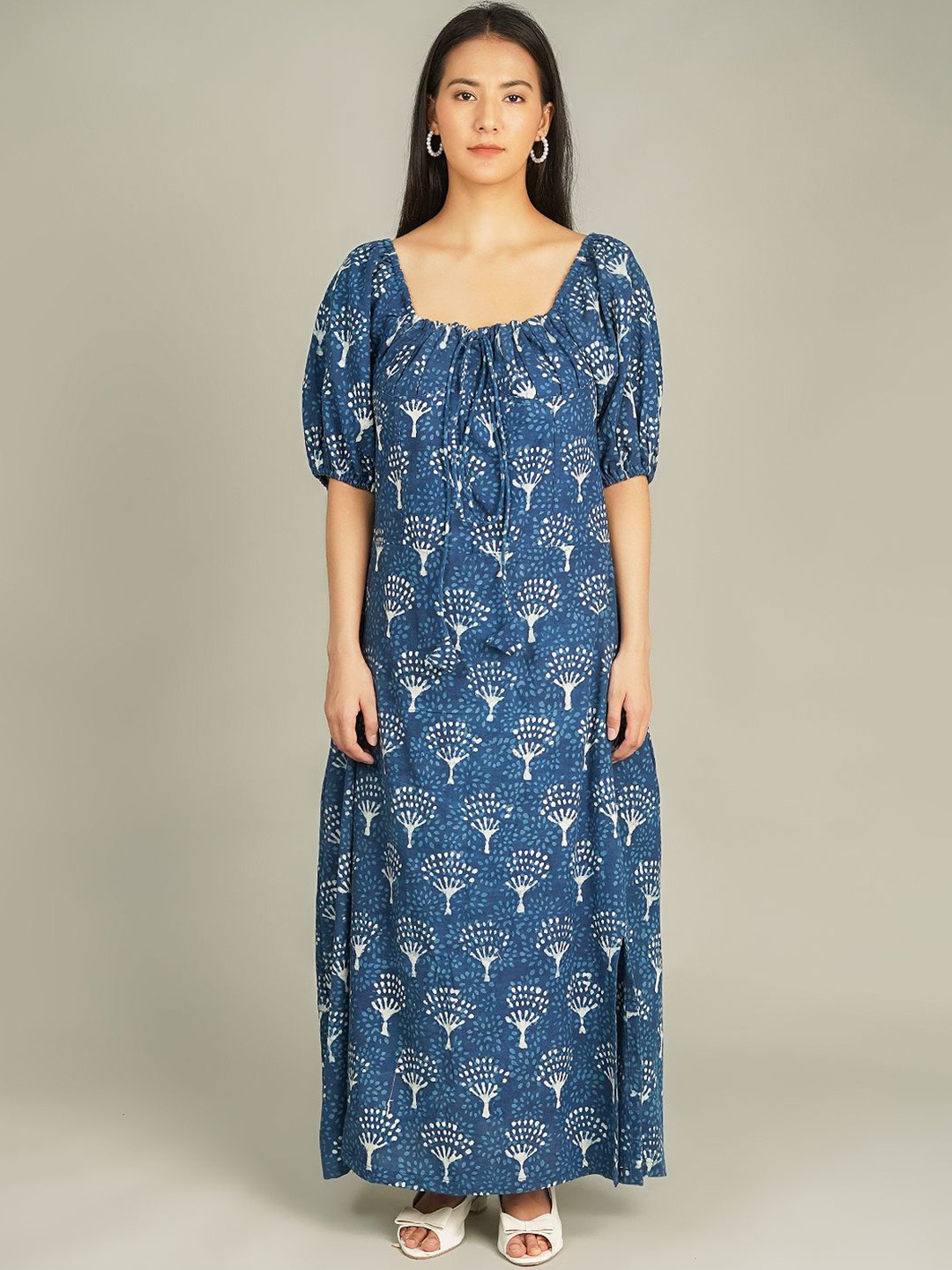 

INDOPHILIA Women Printed Cotton Puff Sleeve Maxi Dress, Blue