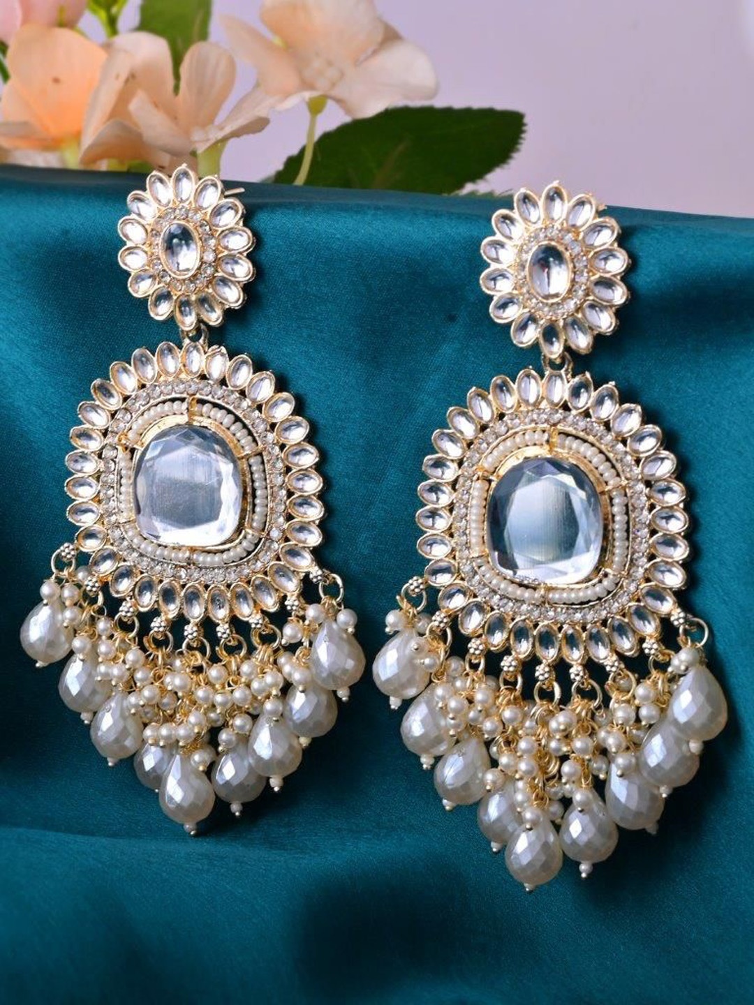 

VOJ Gold-Plated Stainless Steel Circular Kundan Stone Studded & Beaded Drop Earrings