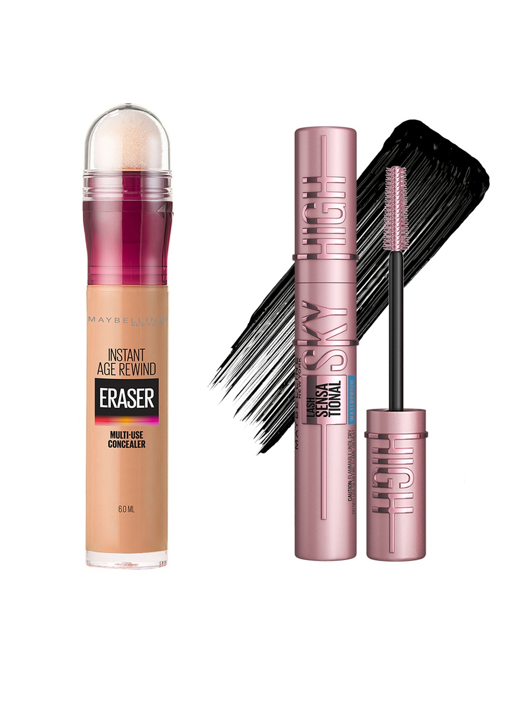 

Maybelline Age Rewind Concealer - 130 Medium & Waterproof Mascara - Very Black 6 ml Each, Beige