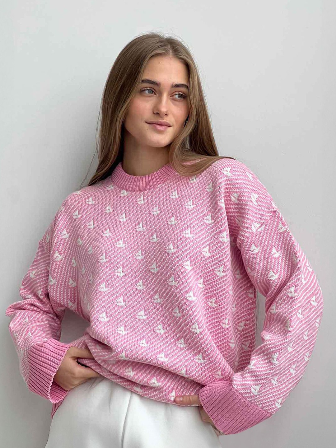 

LULU & SKY Women Self Design Round Neck Long Sleeves Loose Pullover Sweaters, Pink