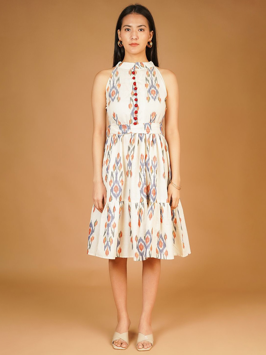 

INDOPHILIA Cotton Printed Halter Neck Sleeveless Fit & Flare Midi Dress, White