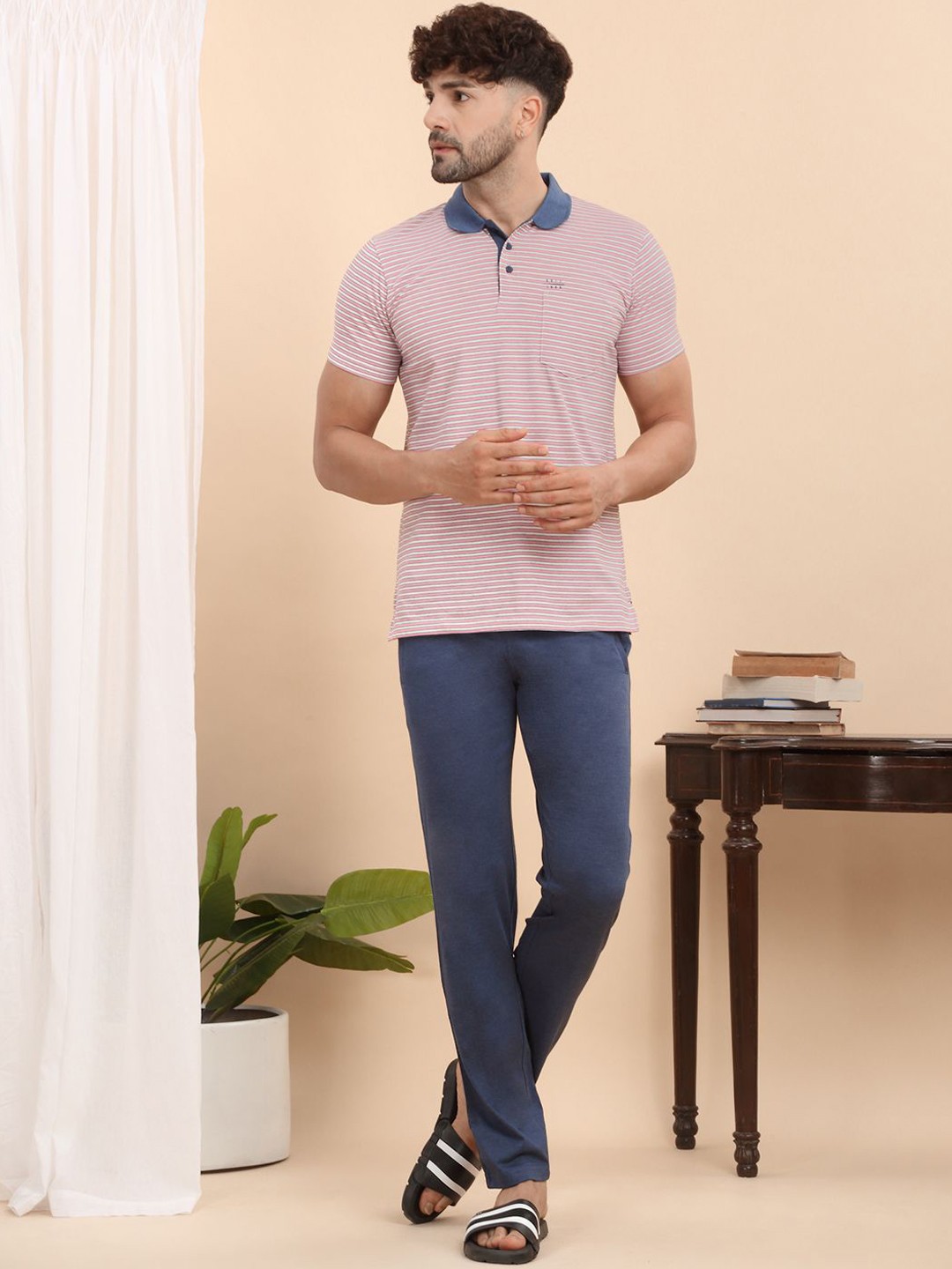 

Sweet Dreams Men Striped Short Sleeves Pure Cotton Night suit, Pink