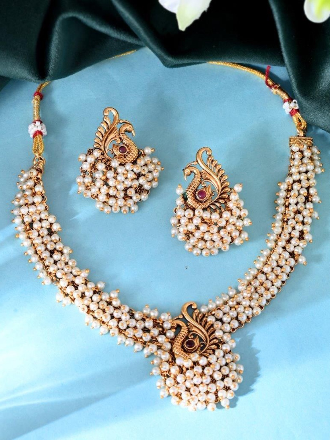

VOJ Gold-Plated Stainless Steel Beaded Traditional Peacock Shaped Copper Jewellery Set