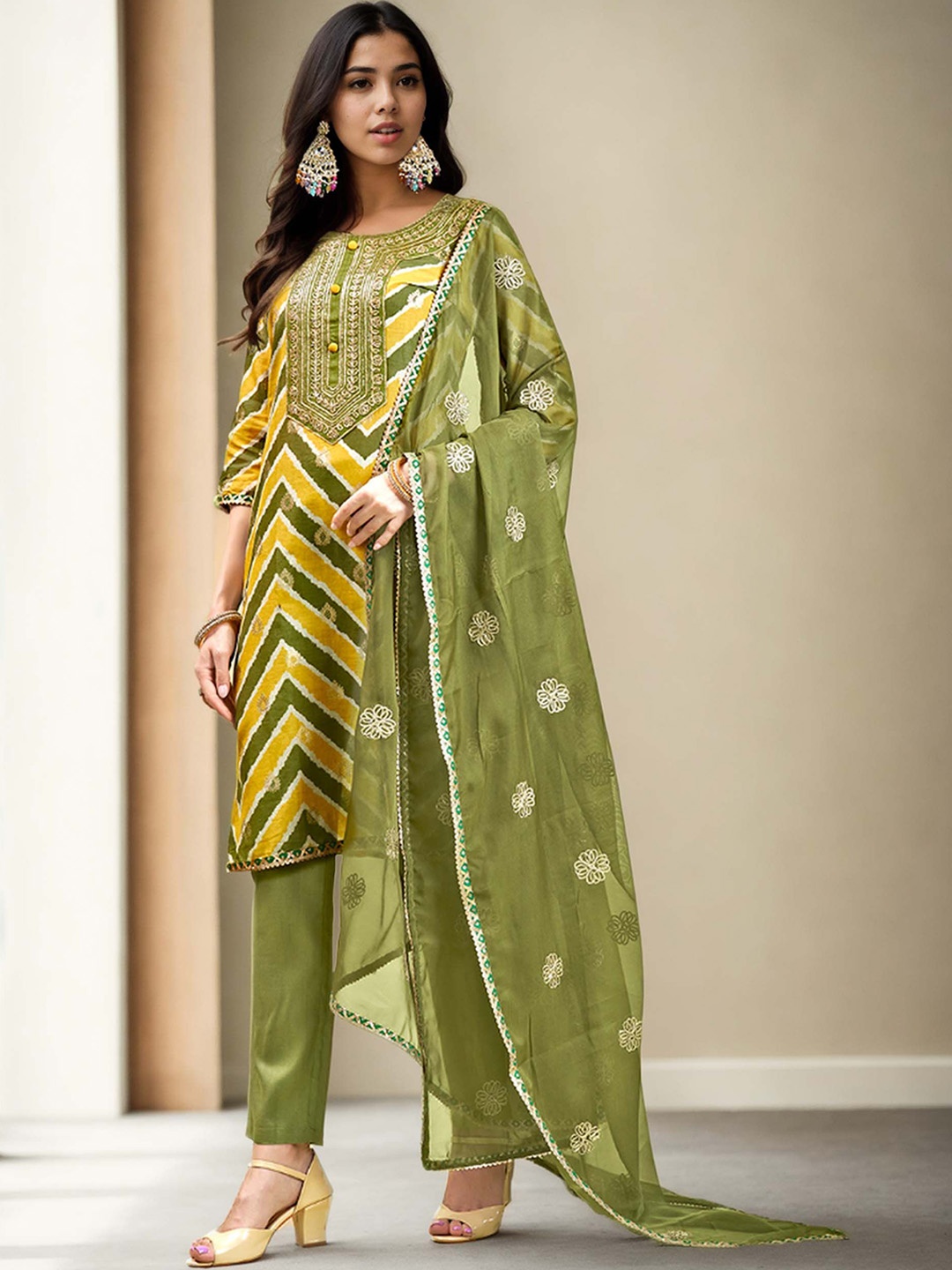 

Anouk Yellow Chevron Printed Pure Cotton Straight Kurta With Trousers & Dupatta