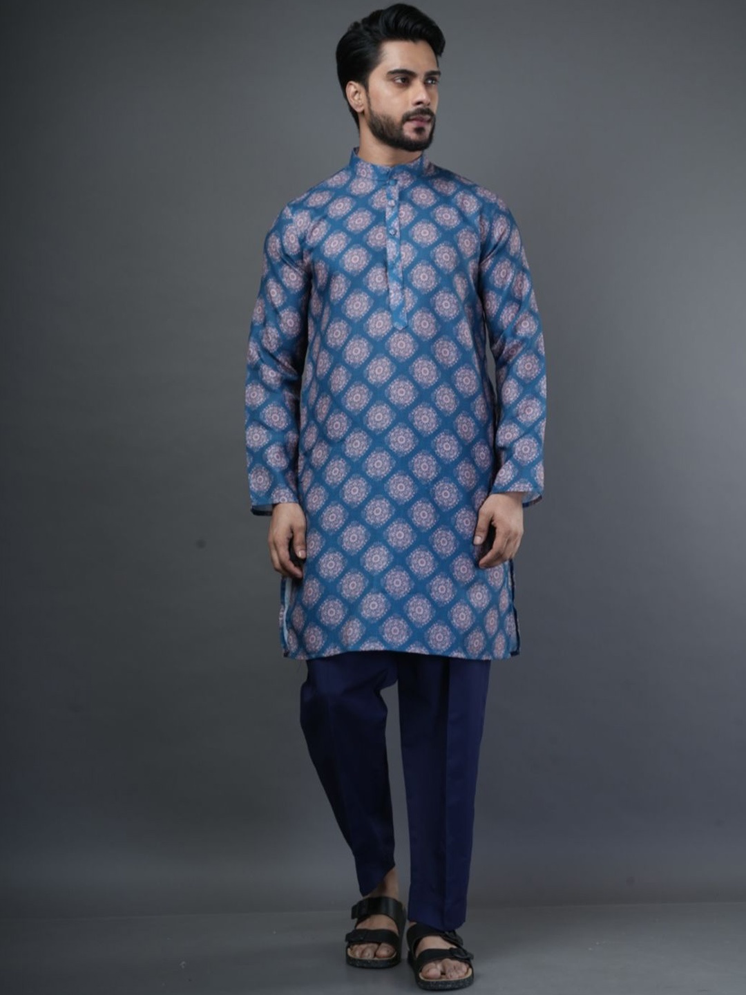 

ARYA Floral Printed Mandarin Collar Linen Straight Kurta, Blue