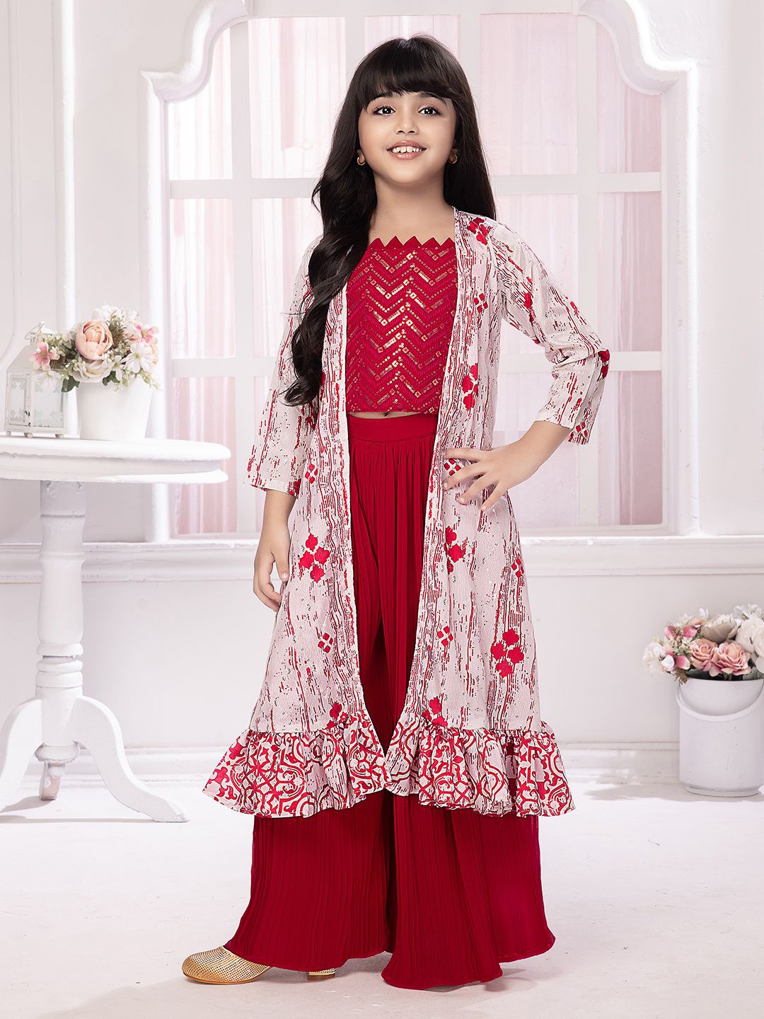 

Tiny Kingdom Girls Embellished Square Neck Sleeveless Bamboo Top With Palazzo With Shrug, Red