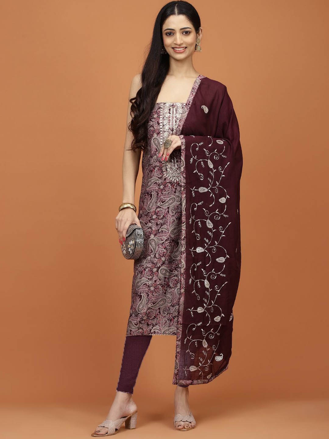 

Meena Bazaar Paisley Printed Sequinned Unstitched Dress Material, Burgundy