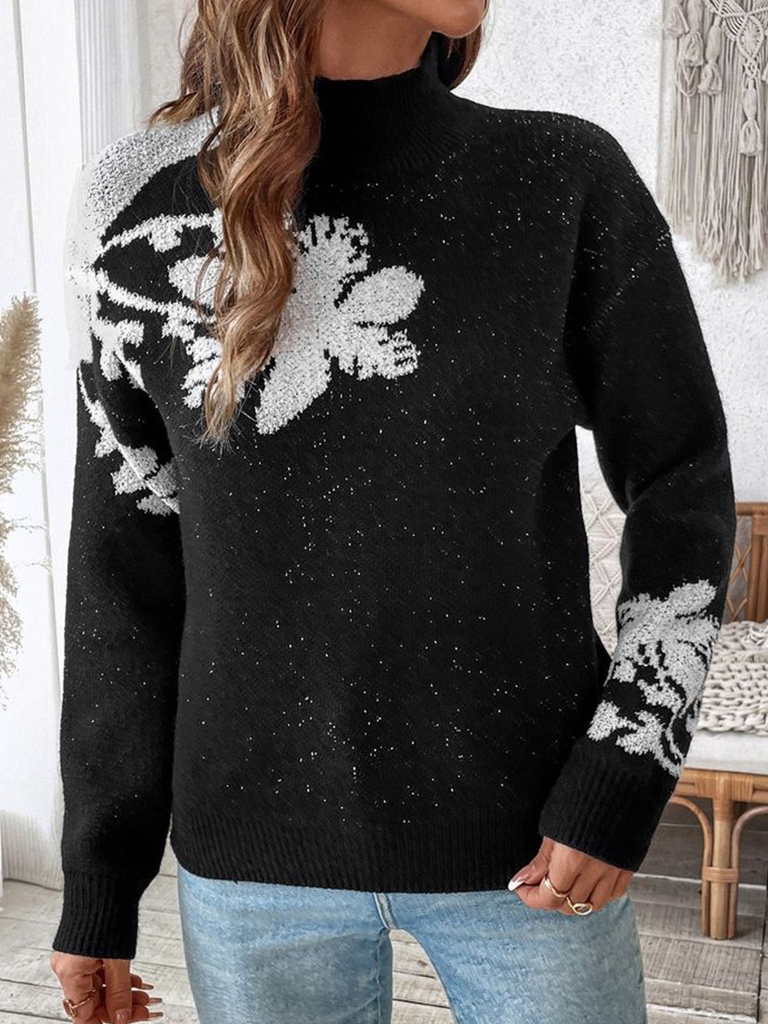 

LULU & SKY Women Floral Printed Pullover Sweaters, Black