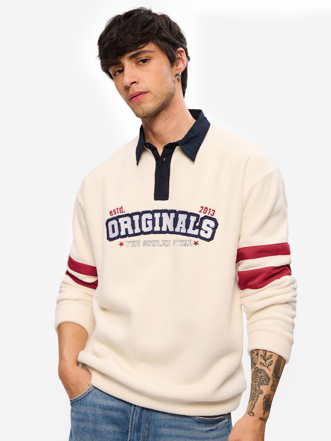 

The Souled Store Men Shirt Collar Cotton Sweatshirt, Cream
