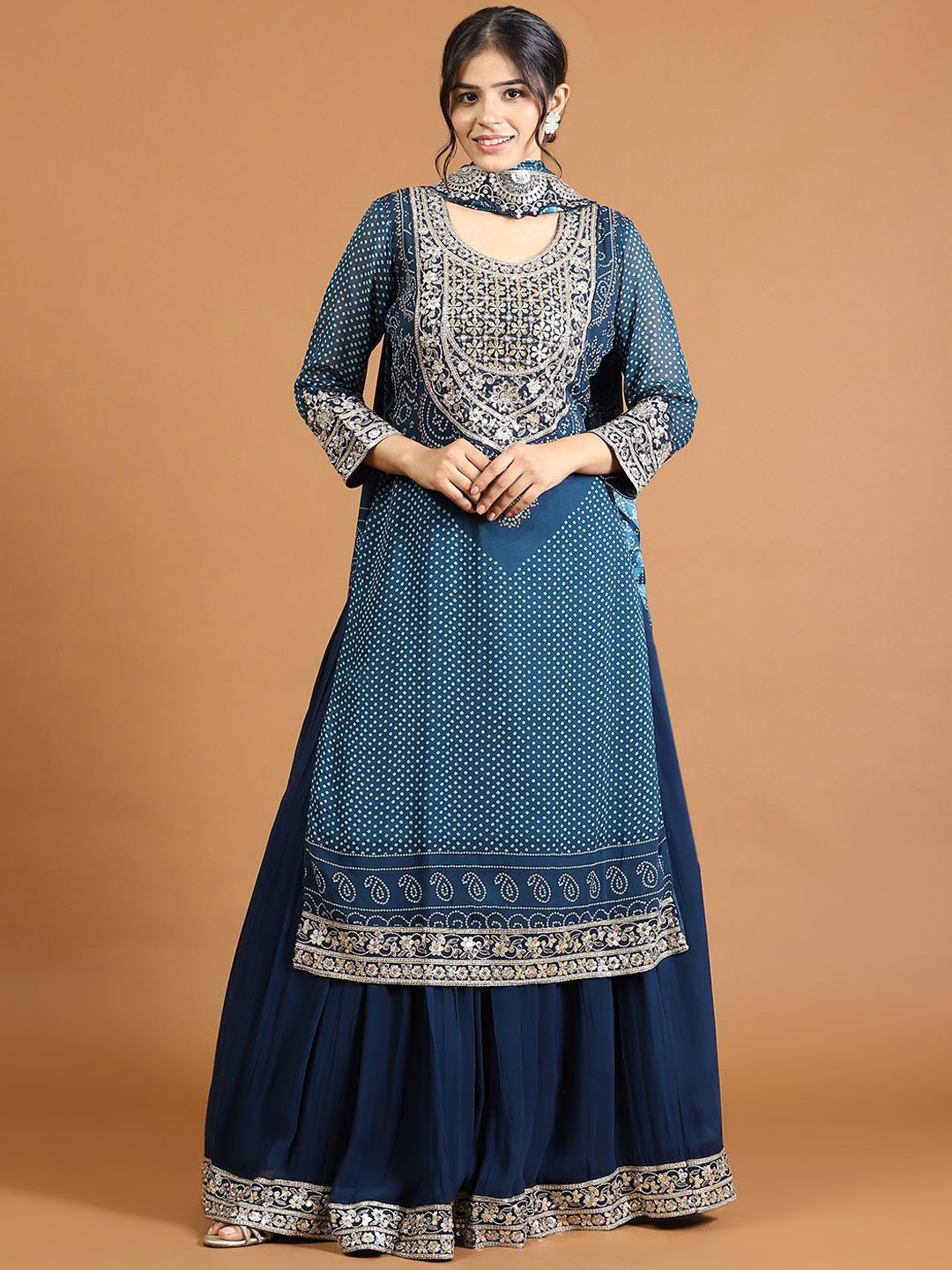 

Meena Bazaar Floral Embroidered Regular Georgette Straight Kurta with Skirt & Dupatta, Blue