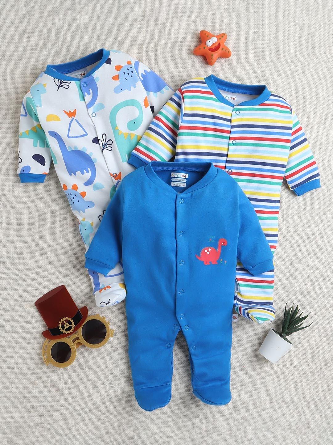 

BUMZEE Boys Cotton Pack of 3 Printed Sleepsuit, Blue