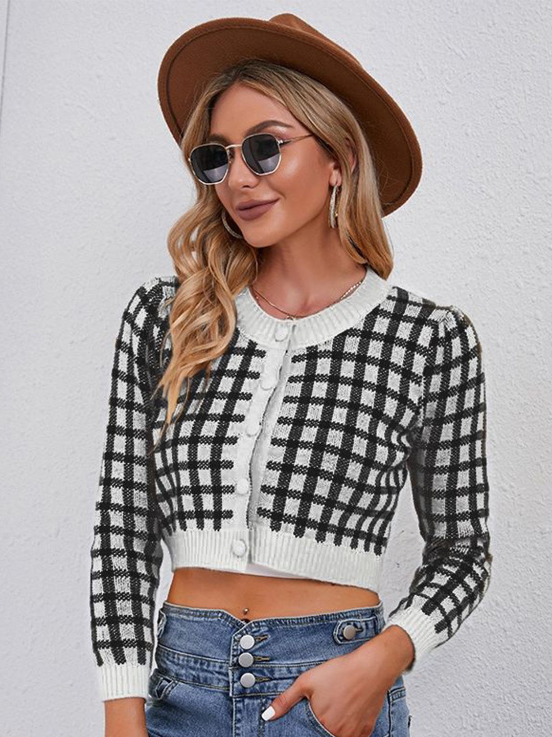 

LULU & SKY Women Checked Crop Cardigan, Black