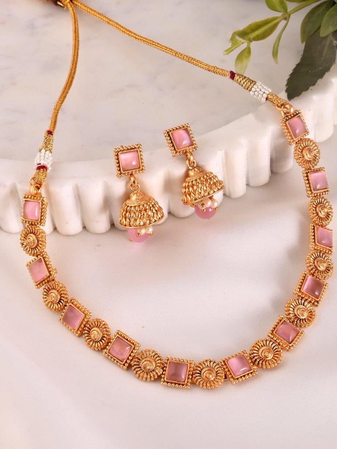 

VOJ Gold-Plated Stainless Steel Stones-Studded & Beaded Choker Jewellery Set