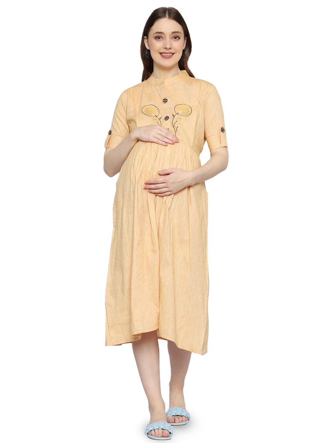 

GMI Women Embroidered Gathered Maternity A-Line Midi Dress, Yellow