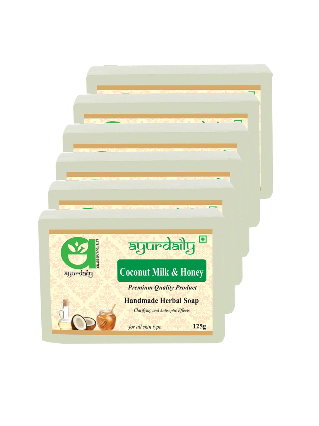 

Ayurdaily Set Of 6 Natural Coconut Milk & Honey Herbal Soap - 125 g Each, White