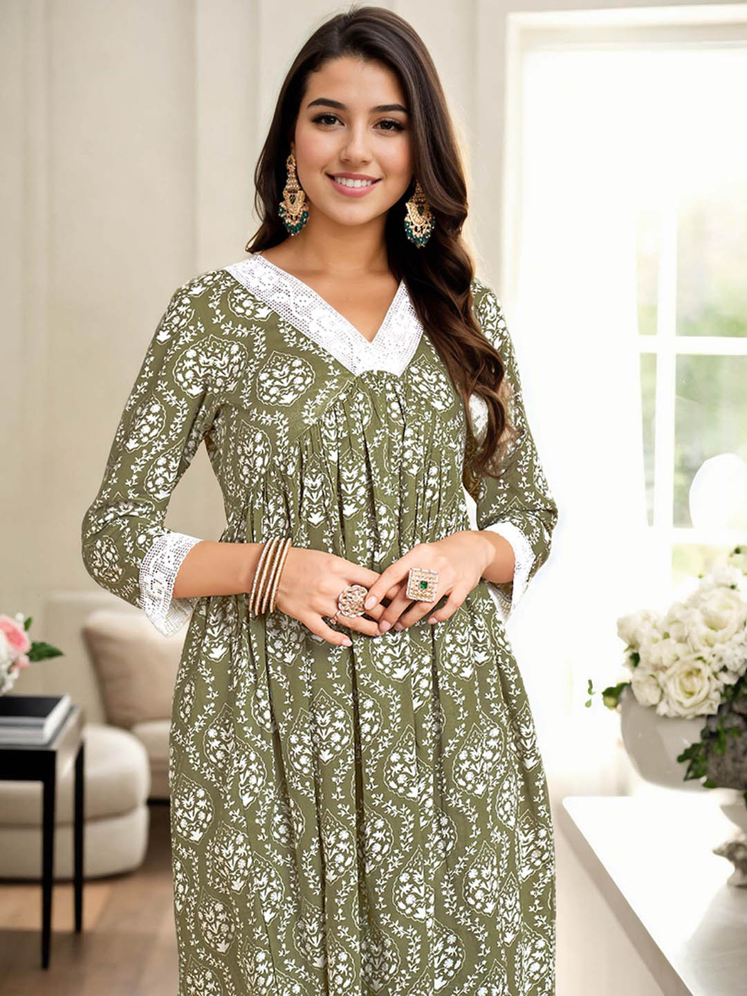 

Anouk Ethnic Motifs Printed Pleated Pure Cotton A-Line Kurta with Trousers, Green
