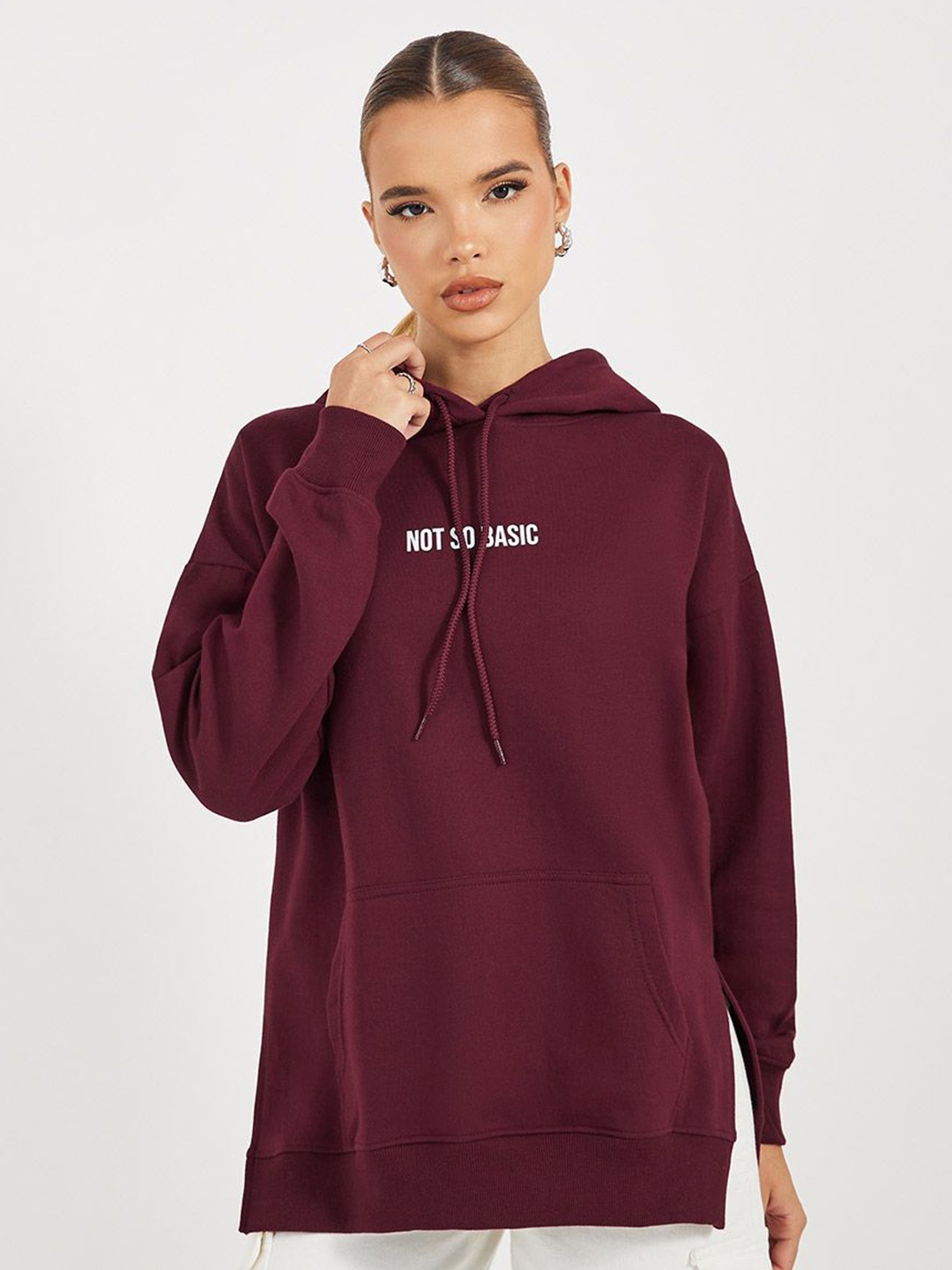 

Styli Women Oversized Fit Longline Slogan Hoodie With Side Slit, Burgundy