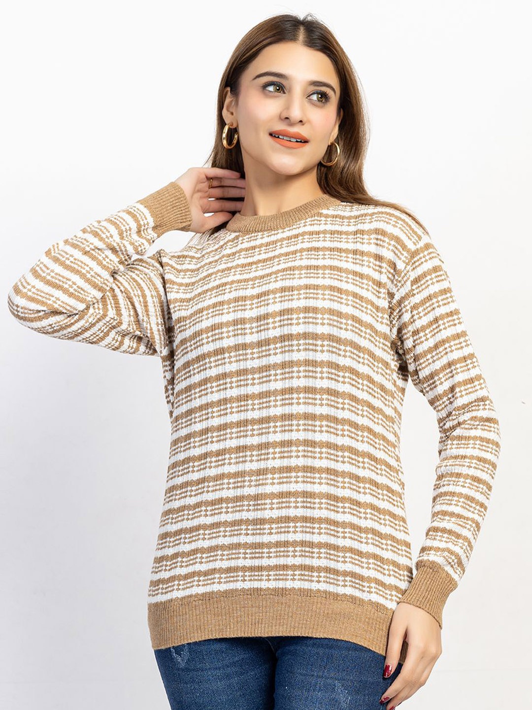 

LEZA Women Striped Regular Pullover, Brown