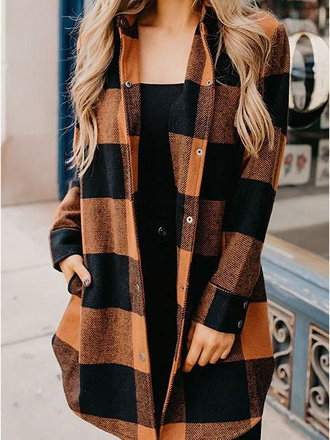 

StyleCast Women Spread Collar Tartan Checked Casual Shirt, Orange