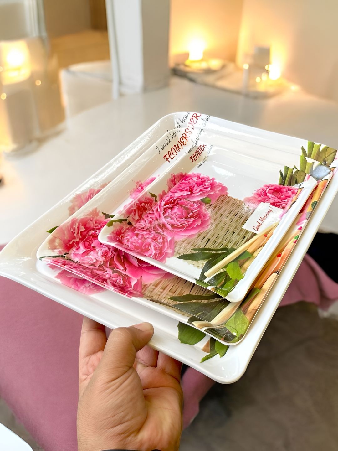 

Gallery99 Pink 2024 Melamine 3 Pieces Microwave Safe Serving Tray