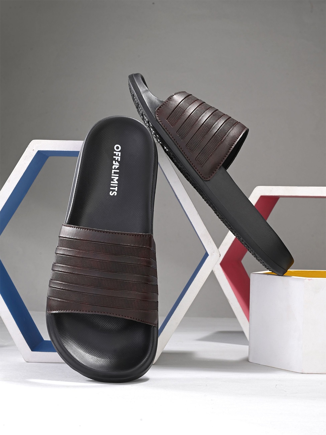 

OFF LIMITS Men Self Design Sliders, Brown