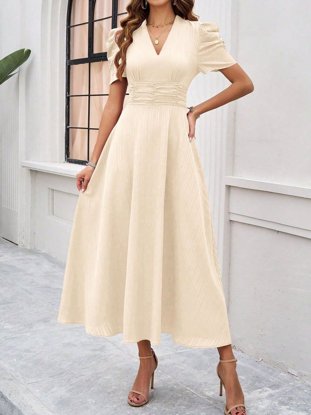 

StyleCast Women Short Puff Sleeves Fit & Flare Midi Dress, Off white