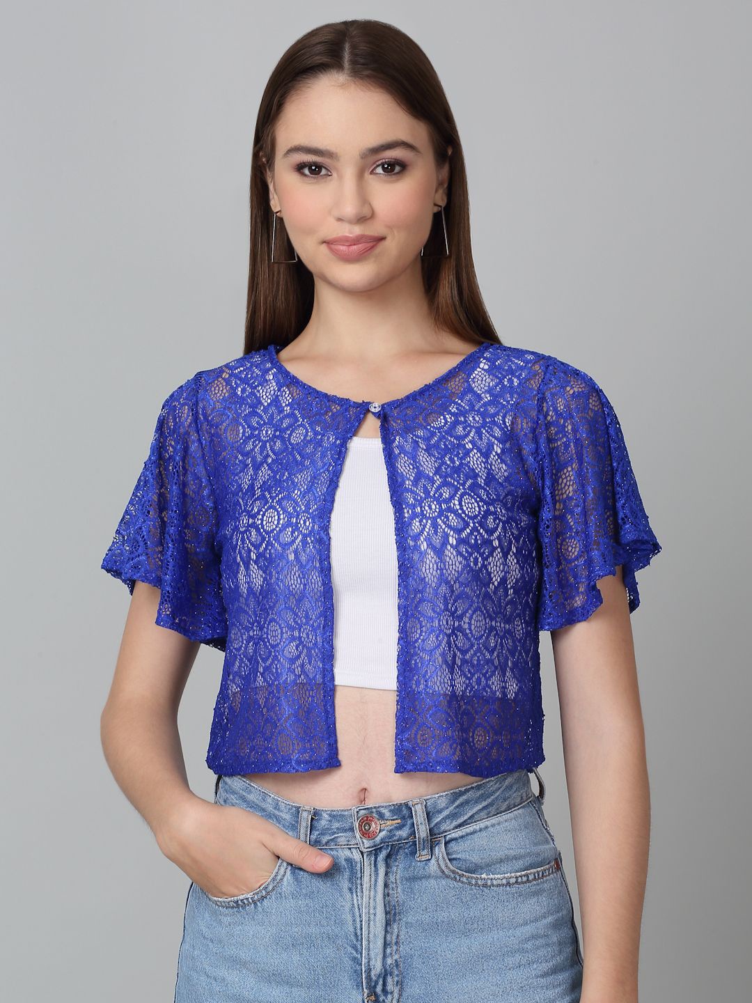 

Dressitude Self-Designed Flared Sleeves Button Closure Cotton Lace Long Shrug, Blue