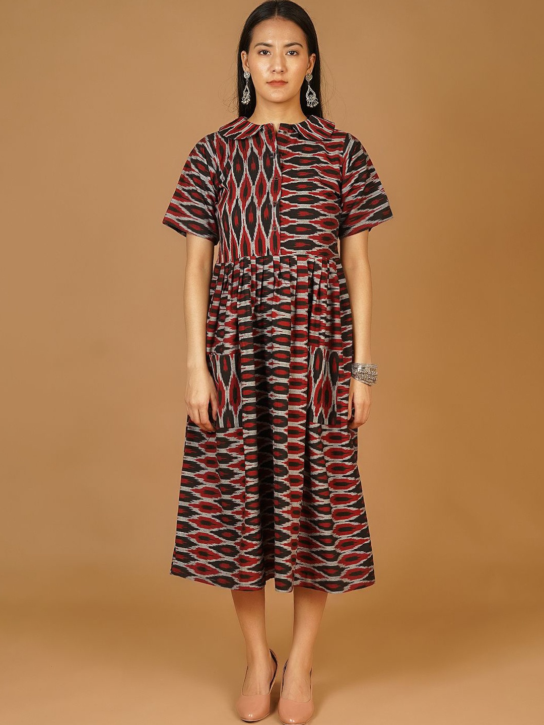 

INDOPHILIA Women Geometric Printed Cotton A-Line Midi Dress, Black
