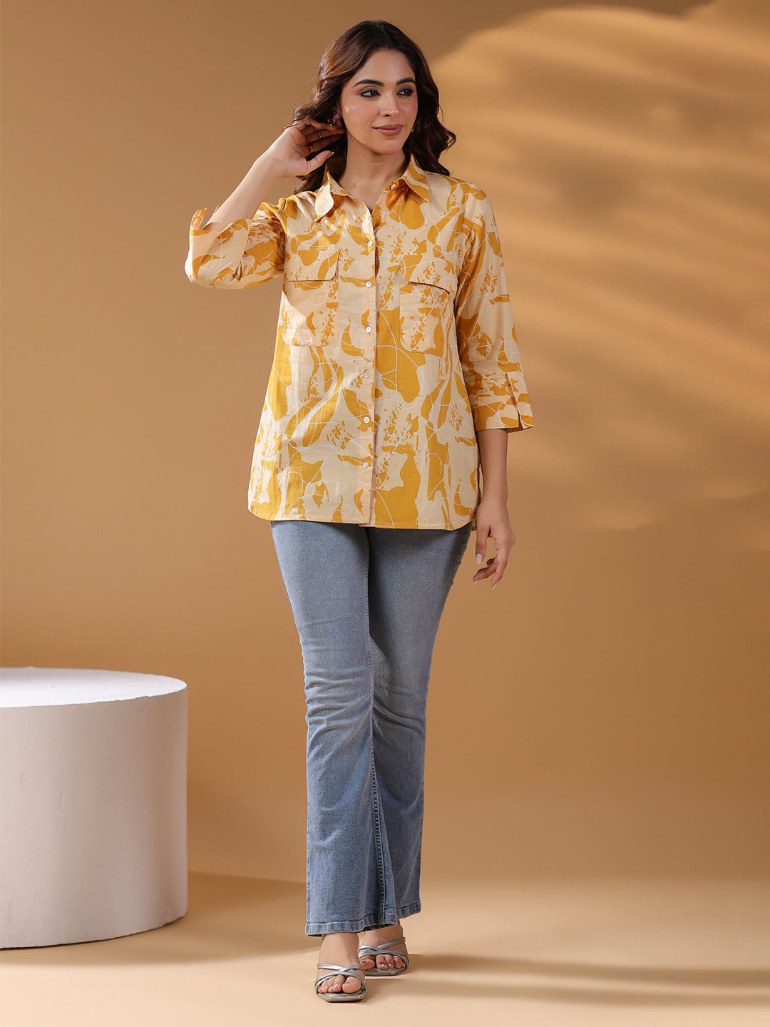 

Rain & Rainbow Women Pure Cotton Abstract Printed Shirt Collar Shirt Style Top, Mustard