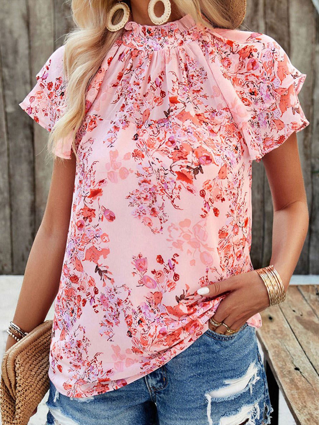 

StyleCast Women High Neck Floral Printed Short Sleeves Top, Pink