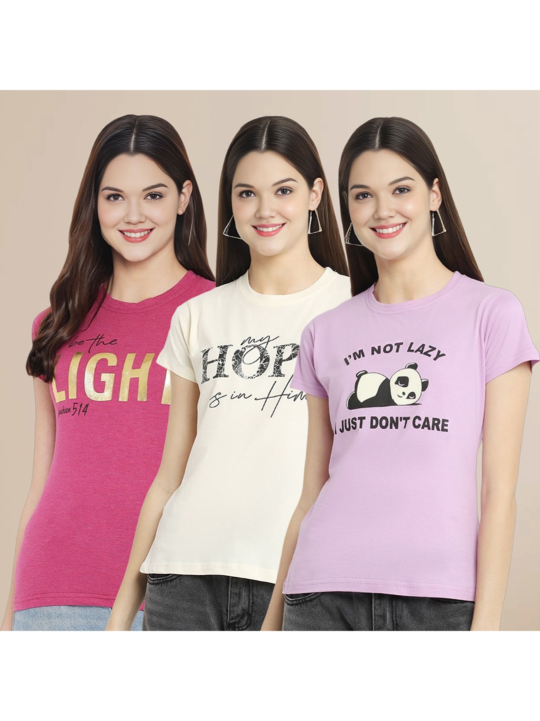 

Metronaut Women Pack Of 3 Typography Printed Round Neck Cotton T-shirts, Off white