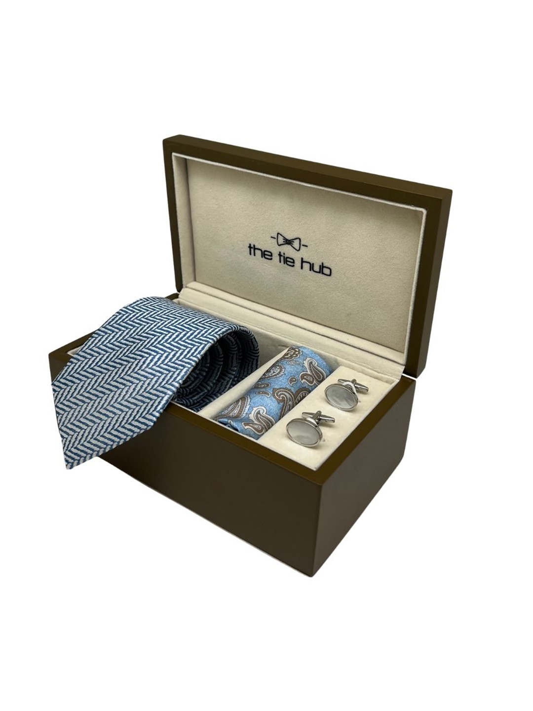 

The Tie Hub Men Silk Necktie & Pearl Cufflinks Accessory Gift Set, Blue