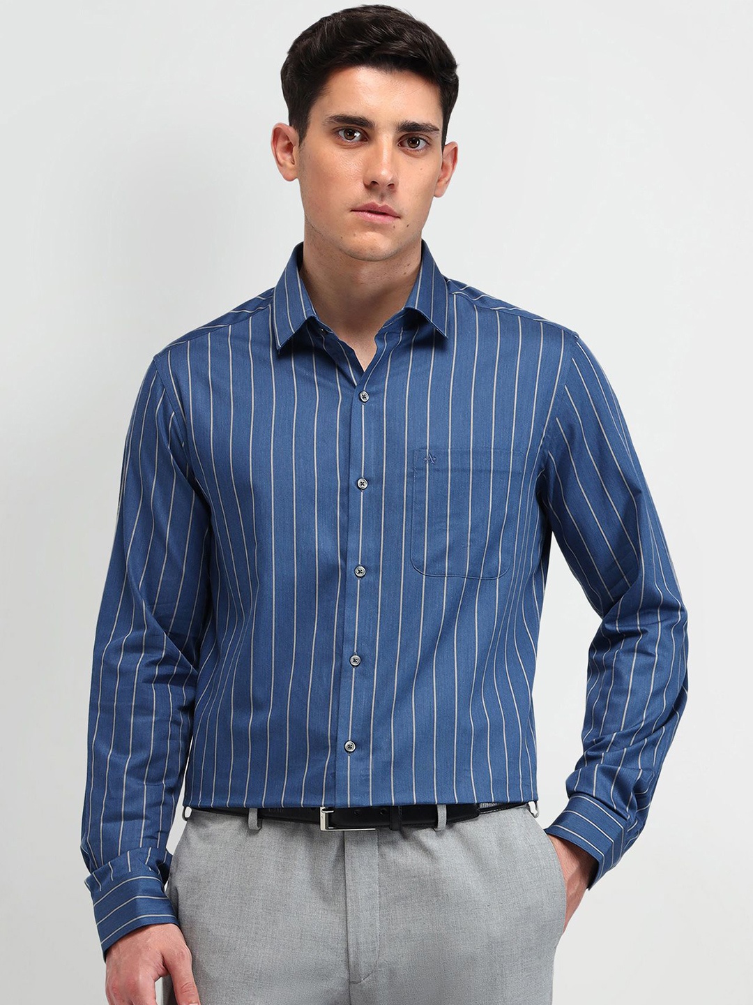 

Arrow Men Manhattan Spread Collar Vertical Striped Cotton Slim Fit Formal Shirt, Blue