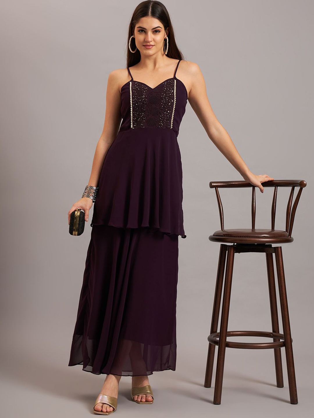 

Eavan Women Georgette Embroidered Shoulder Straps Maxi Dress, Purple