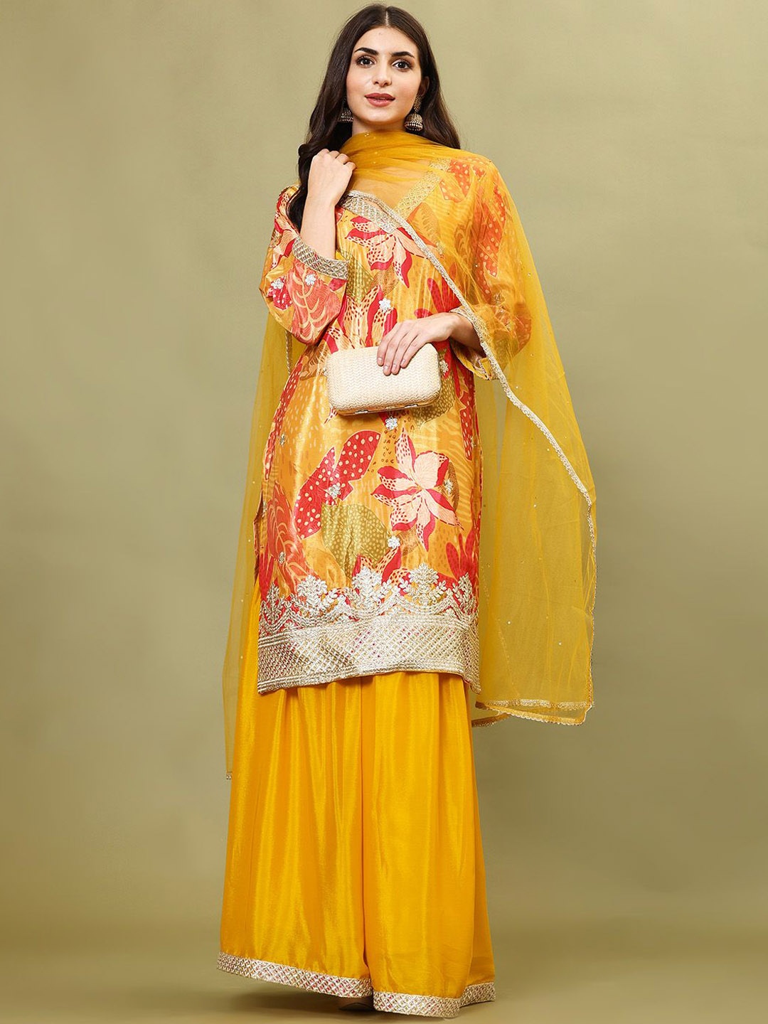 

Meena Bazaar Floral Printed Straight Kurta With Sharara & Dupatta, Mustard