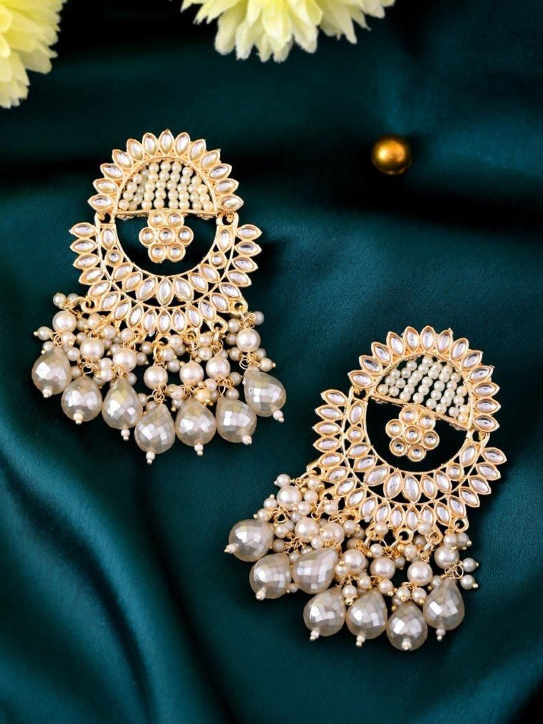 

VOJ Gold-Plated Stainless Steel Pearls Beaded & Stone Studded Circular Chandbalis