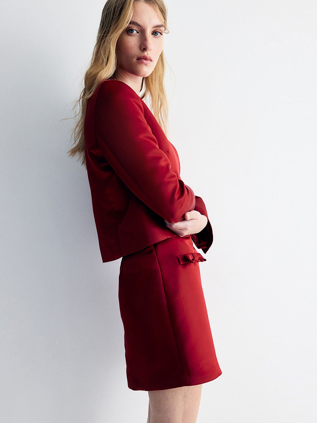 

H&M Bow-Detail Satin Blazer, Red